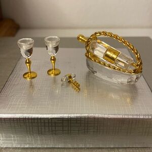 SWAROVSKI RHODIUM 5 PIECE WINE SET W/WINE BOTTLE,BASKET,GLASSES,CORKSCREW